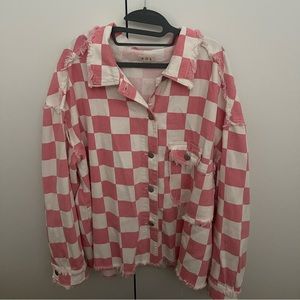 Distressed checkered denim jacket
